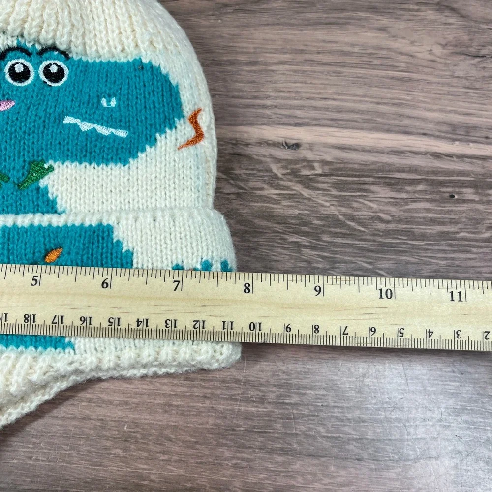 Dinosaur Beanie Kids OS Cream Teal 3D Spikes Thick Earflap Knit Hat